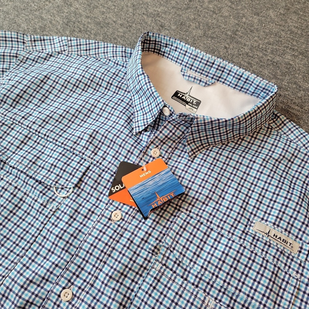 NWT Habit Shirt Men's 3XL Blue Plaid Performance Long Sleeve Vented Button Down